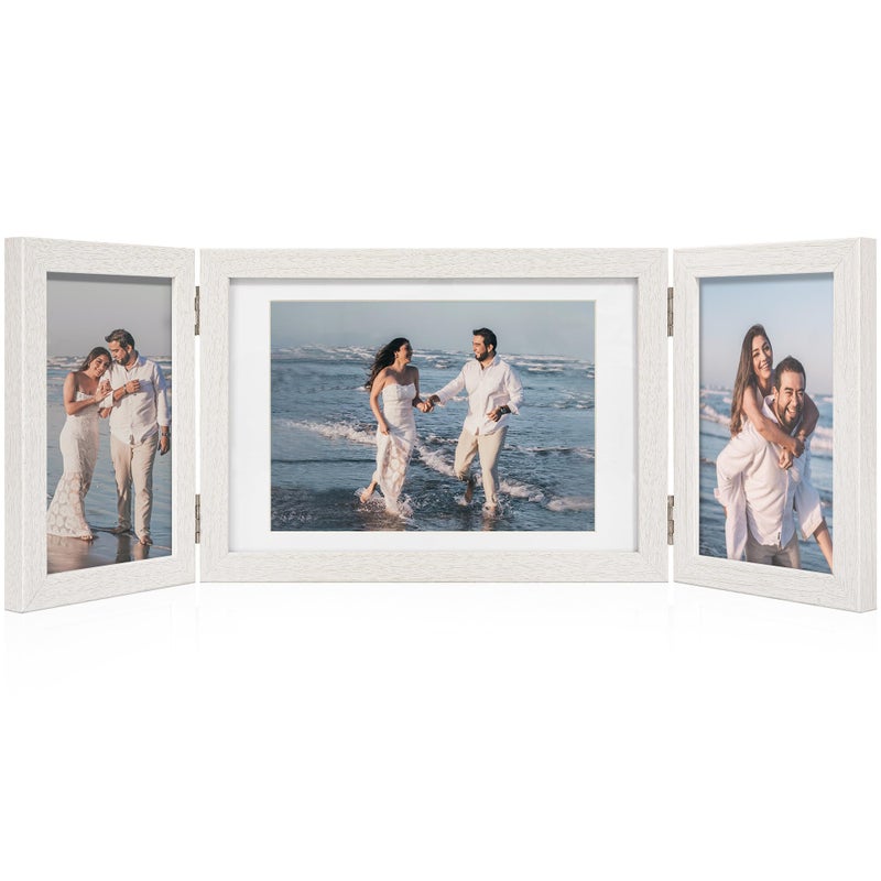 Afuly 3 Picture Frame 5x7 4x6 Triple Hinged Picture Frames White Folding Photo Frames Collage 3 Opening for Tabletop Desk Display Unique Gifts for Christmas Women Mom Couple Family, 2 * 4x6+1 * 5x7 - Image 1